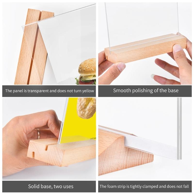 2Pcs Clear Acrylic Poster Display Stand with Wood Base Vertical Sign Holder Counter Acrylic Sign Holder for Cafe Bakery
