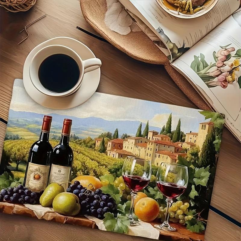 Set de 4/6 Piezas Manteles Temáticos de Vino de Viñedo Toscano Adecuados para Cocinas Domésticas, Comedores, Fiestas y Decoración Interior o Exterior,