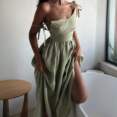 Moda de Verão Mulheres Elegantes Vestidos Sexy Sem Costas Alça Espaguete Decote V Chique Vestido de Praia Roupas de Férias Femininas Vestidos Verde ao Ar Livre