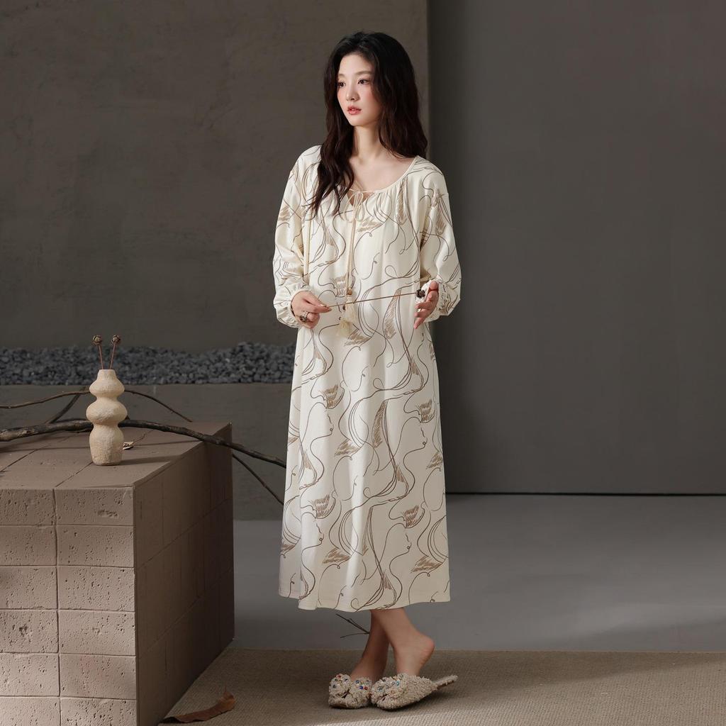 Cainiqing Autumn Women's Long-Sleeve Cotton Nightgown with Bra Pads - Maternity and Extended Length Dress for Home, Fall, and Spring.