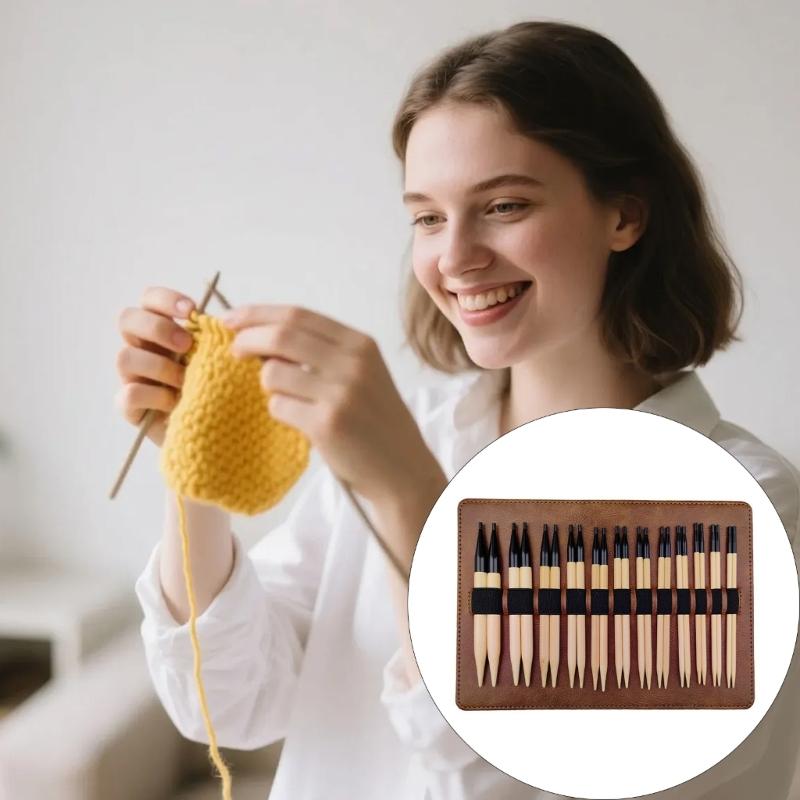 12Pairs Wood Knitting Needle 3.5-10mm Interchangeable Circular Knitting Needle Set with Storage Bag for Sweaters Scarves