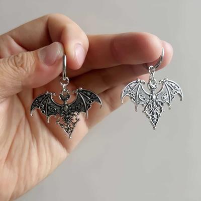 Gothic Retro Silver Color Engraved Bat Dangle Earrings for Women Men Dark Punk Hoop Earrings Halloween Vampire Witchy Jewelry