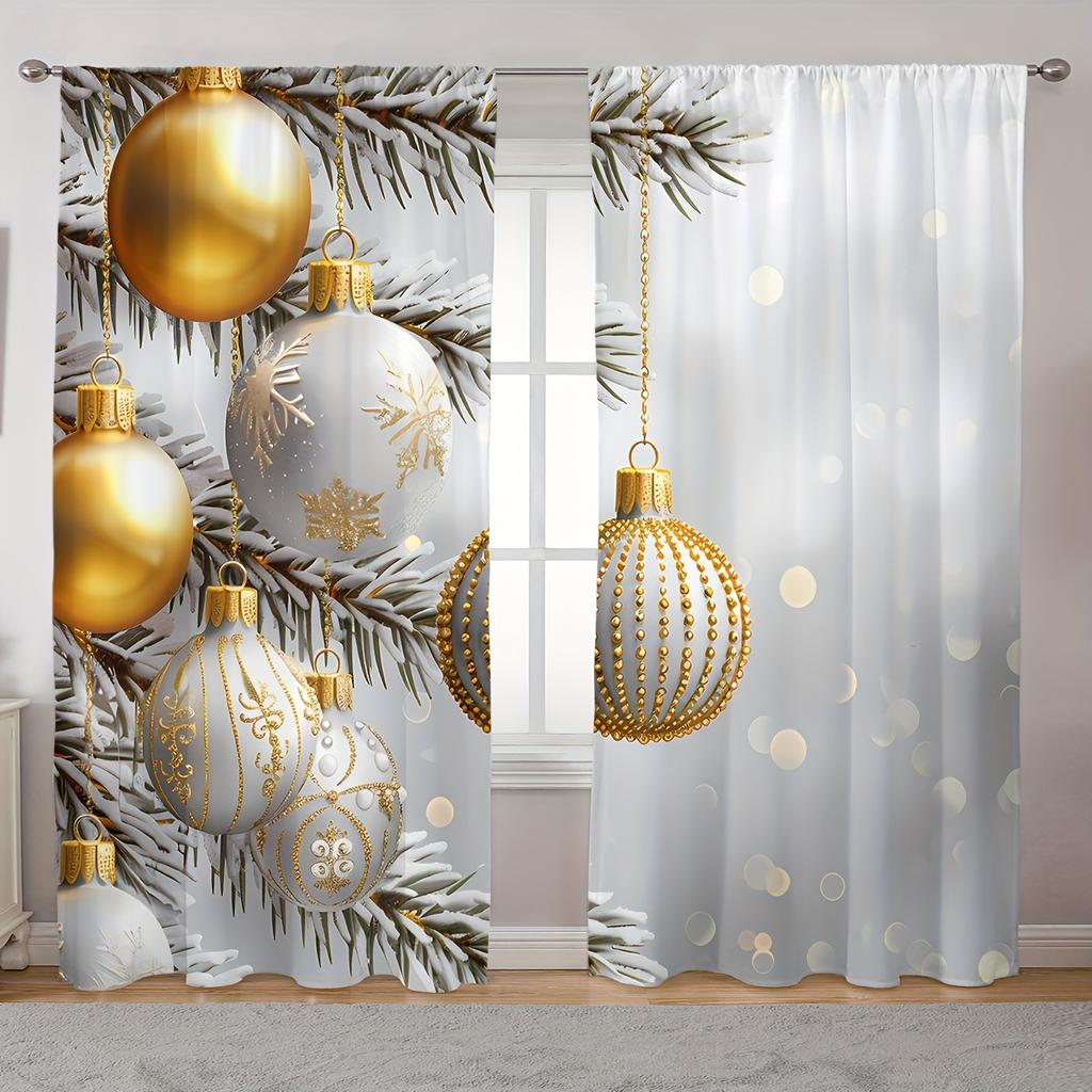 2pcs Elegant White and Golden Christmas Curtains with Snowmen & Trees - Rod Pocket Design Polyester for Living Room Decor