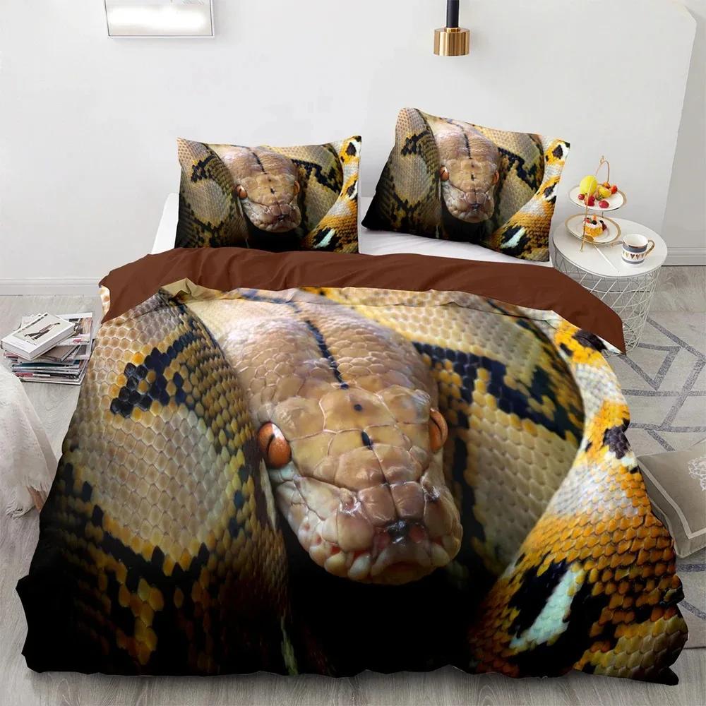 Schlangen Bettbezug Set, Schwarze Rosenblüten Rustikaler Bettdeckenbezug, 3D Aufgerollte Schlange Weißes Reptilien Bettwäscheset, Bettbezug King Size