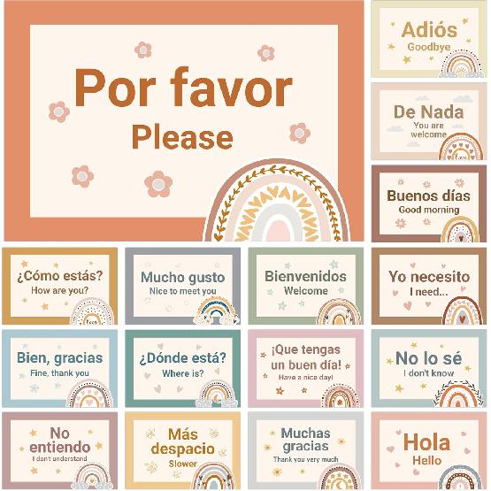WATINC Spanish Words Phrases Poster - 16pcs Spanish Posters Set Classroom Decorations, Bilingual Study Learning Materials Teacher Supplies, Spanish