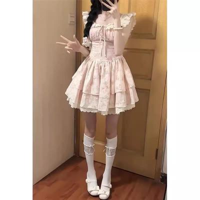 Gentle Small Flying Sleeves Floral Dress Women's Summer Sweet Princess Cake Dress Waist Thin Tutu Skirt Short Skirt