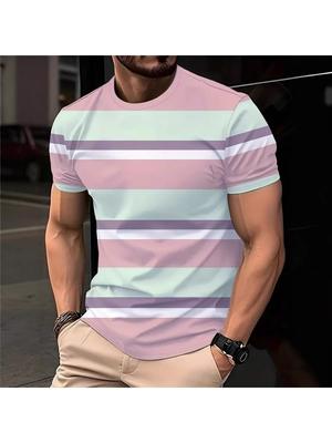 Summer Men's Crew O-Neck T-shirt Street Men's 3D Stripe Print Short-sleeved Tees Casual Daily Male T Shirts Clothing