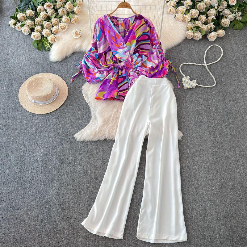 

Fashion Short Sleeve V Neck Waist-Tight Straight-leg Fashion Suit White