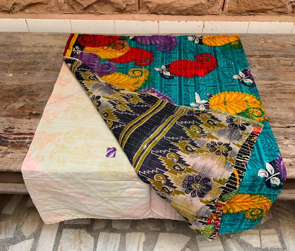 Vintage Kantha Quilt: Handmade Indian Patchwork Throw Blanket, Colorful Blue Ethnic Throw