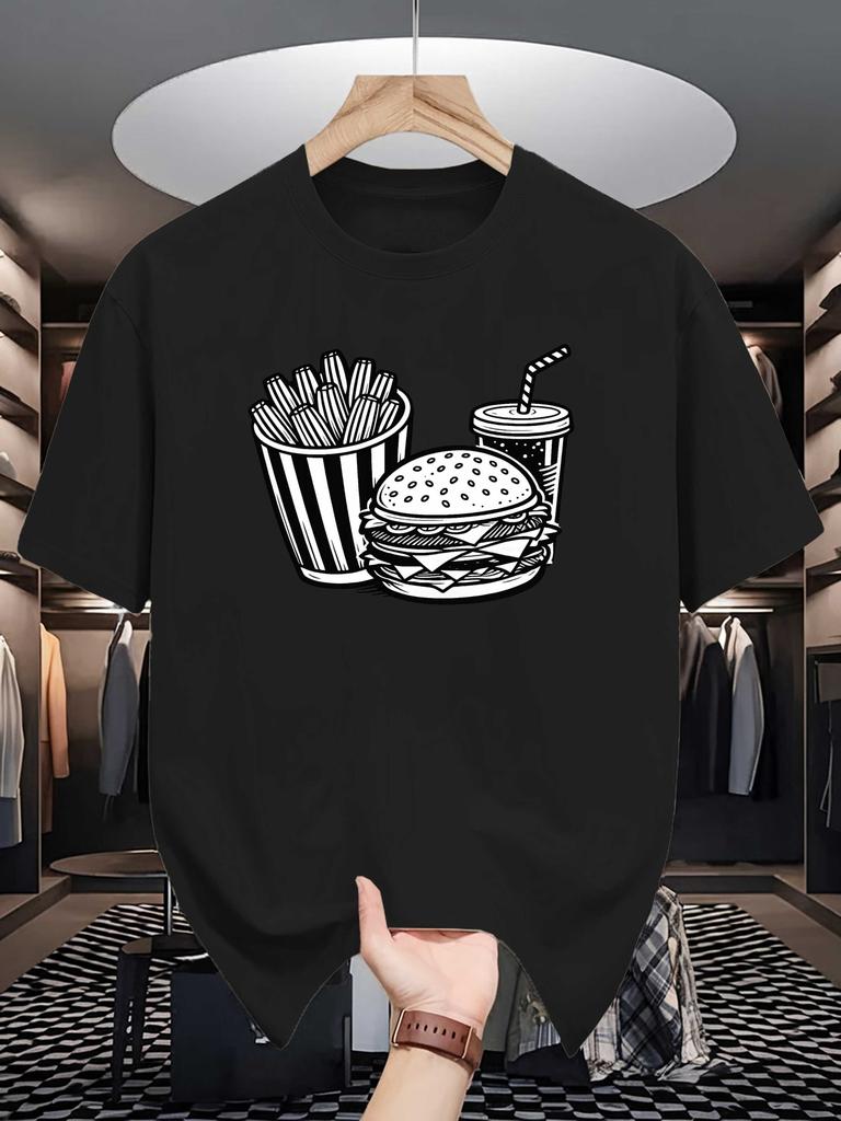 Unisex Cotton Tee Burger Fries Soda Fast Food Graphic Print Loose Breathable Summer Crew Neck Casual Street T Shirt Unisex Daily Wear