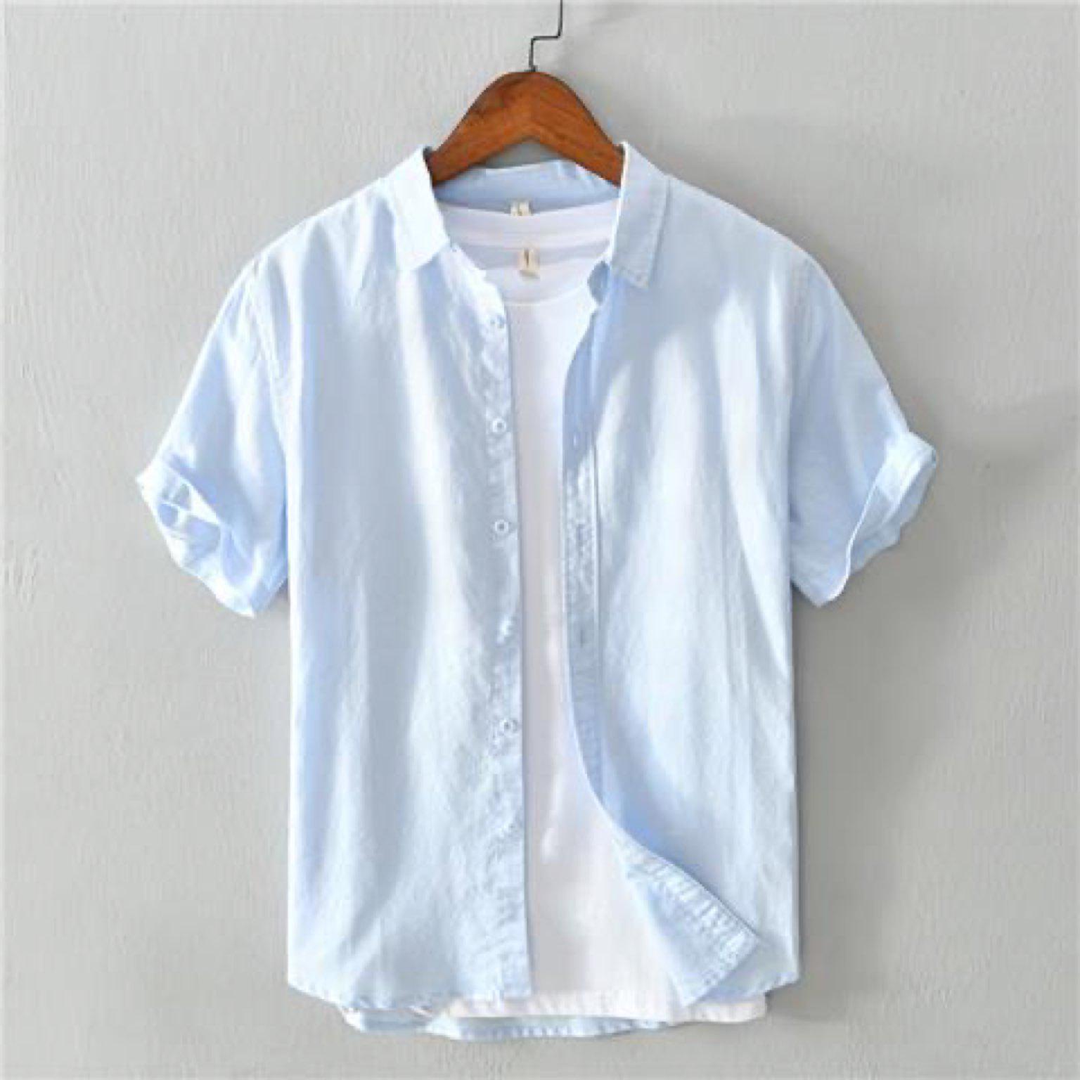 

Men s Short Sleeve Breathable White Linen Shirt 5XL небо синє кольору
