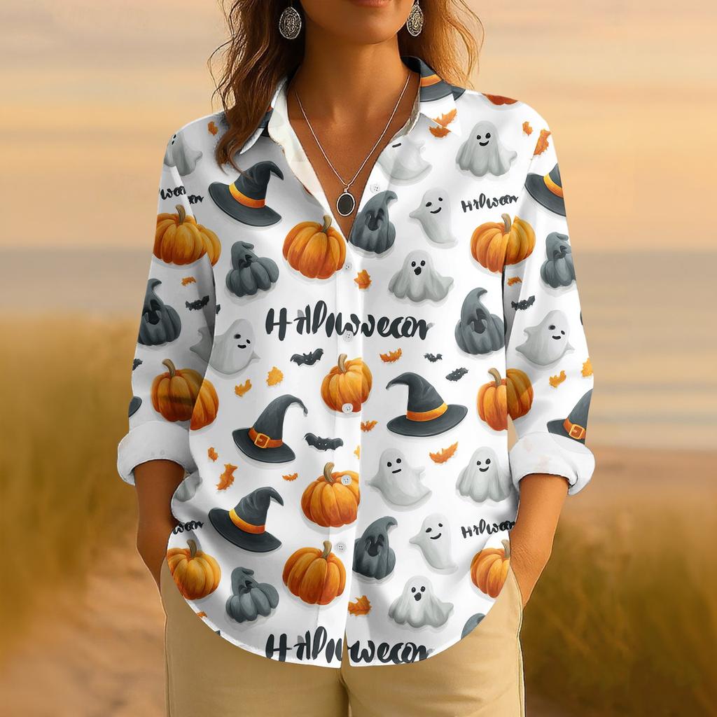 Dámská retro halloweenská potištěná košile s dlouhým rukávem na knoflíky, ležérní top s klasickým límečkem