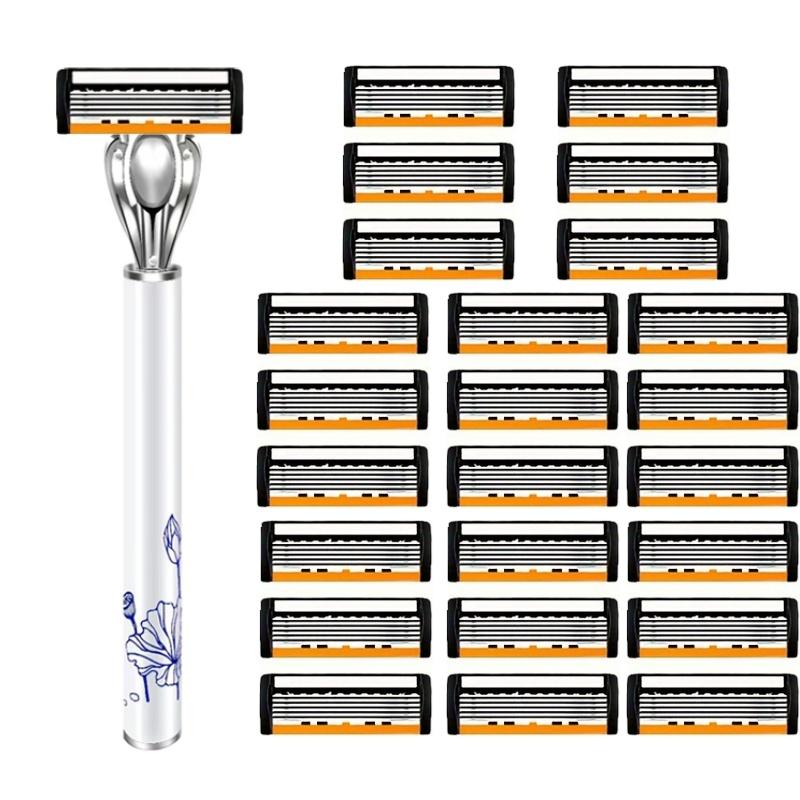 Shaver Handle Stainless Steel Old-fashioned Shaver for Men's Six Layer Blade Head Manual Metal Knife Holder