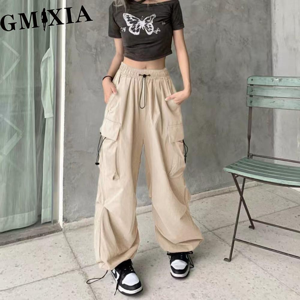 

GMXIA Женские брюки карго в стиле хип-хоп, мешковатые однотонные брюки с эластичной талией, свободные дышащие женские брюки S розовый