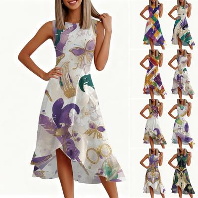 Damenmode Lässig Ärmellos Rundhals Bedruckt Rüschenkleid mit Reißverschluss