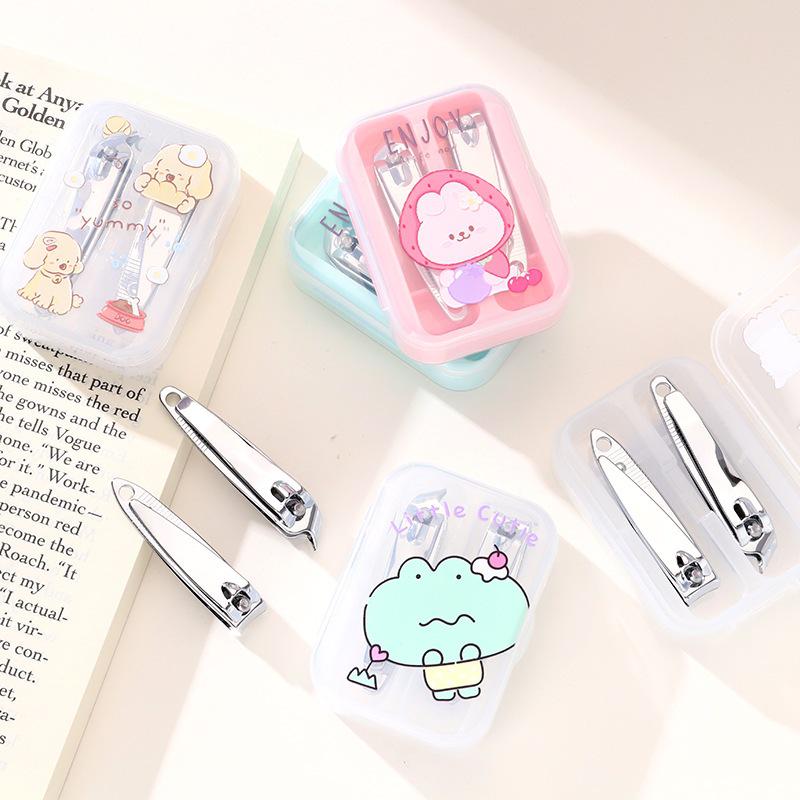Cartoon Print Nail Clipper Set: Stainless Steel, Curved & Angled Edges for Manicure & Pedicure.