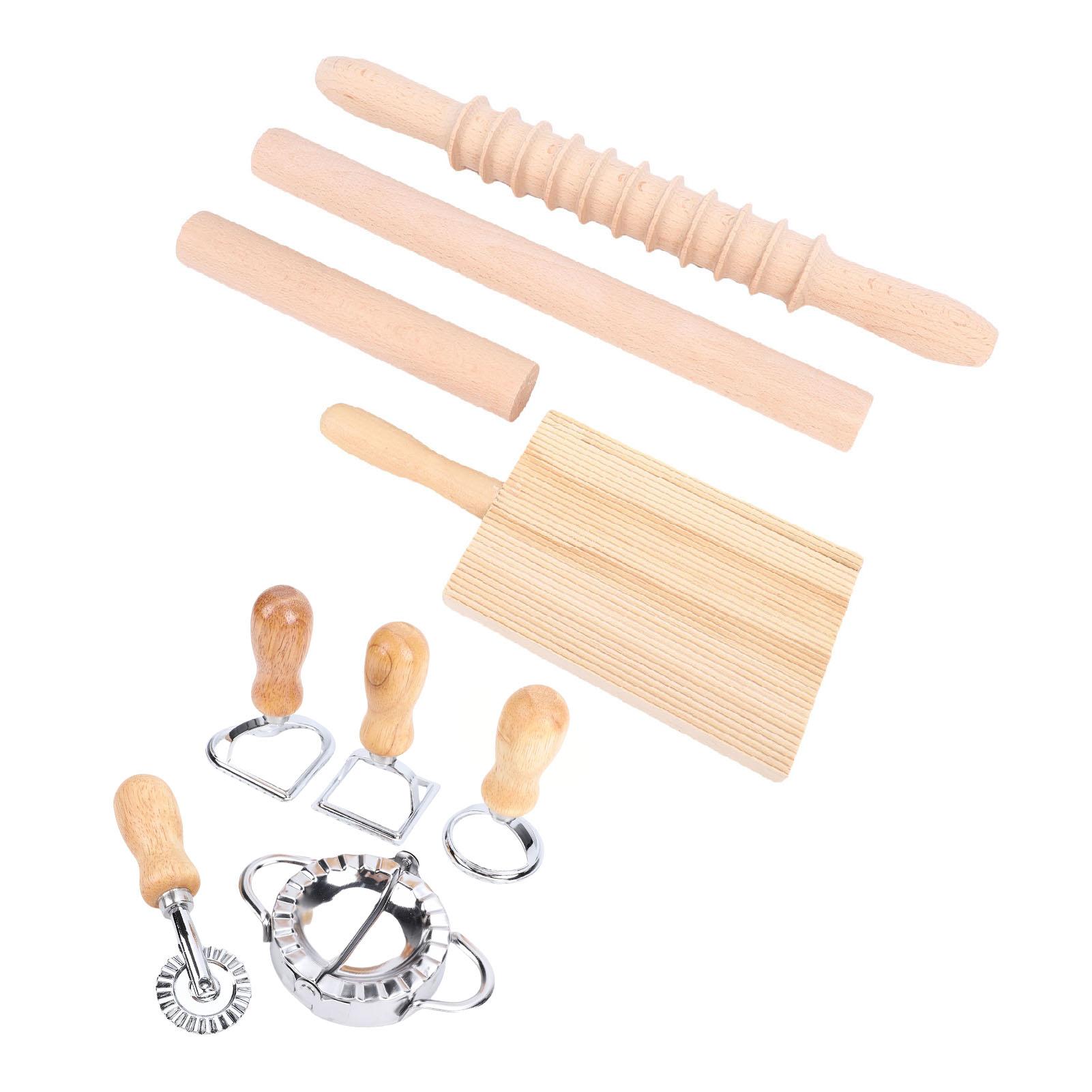 

Gnocchi Pasta Making Tools Kit Beechwood Stainless Steel Pasta Roller Pin Set with Ravioli Stamp Maker Cutter Gnocchi Board for Kitchen