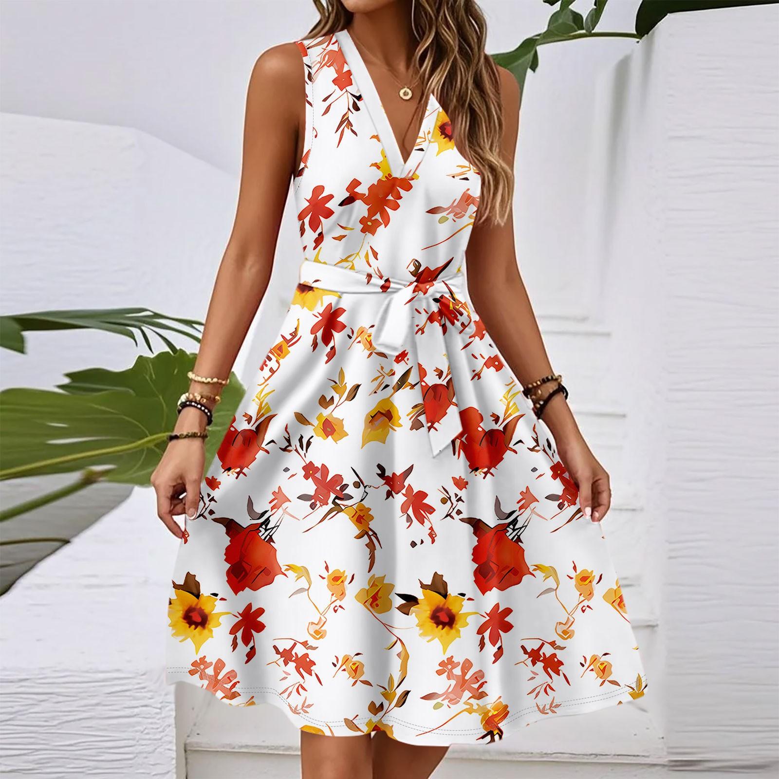 

Женское весенне-летнее повседневное платье миди с V-образным вырезом без рукавов и цветочным принтом на талии XL