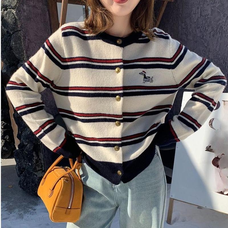 A New Striped Knitted Cardigan for Women In The Early Autumn Featuring A Retro Sweater Coat