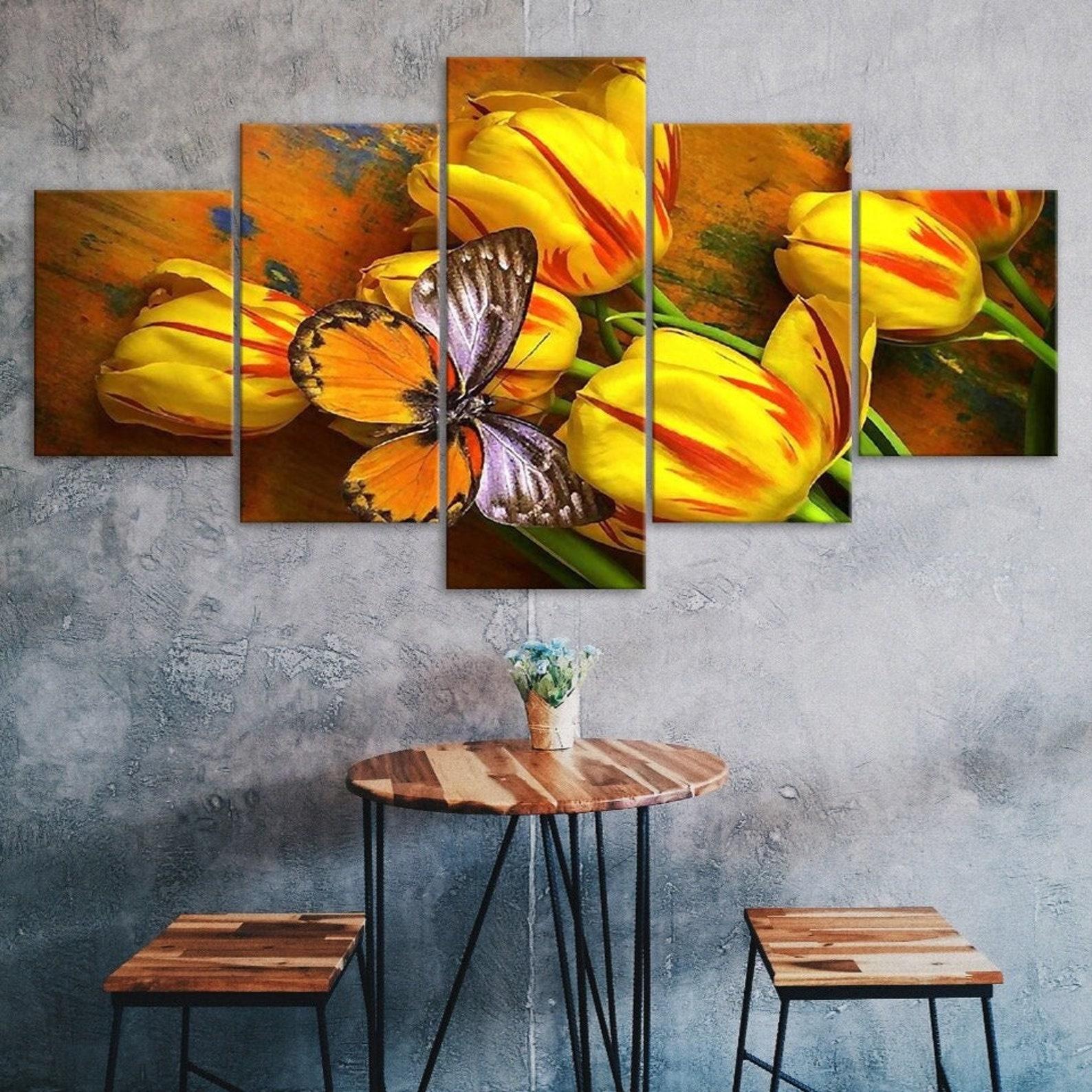

Yellow Tulips Flower and Butterfly Scenery 5 Piece Five Panel Canvas Print Modern Wall Art Poster Home Decor Gift For Him For Her 20X35 20X45 20X55CM