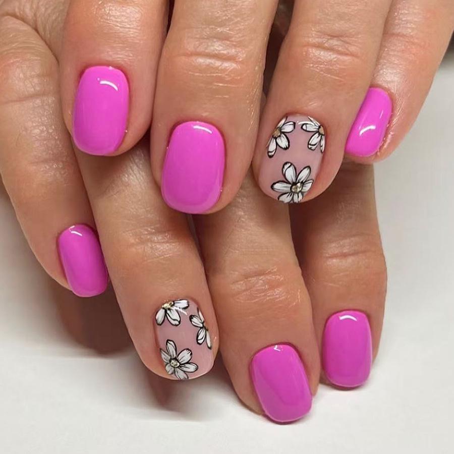 

Spring/Summer Glossy Rose Purple & Black Flowers Square Press-On Nails - 24 Pcs