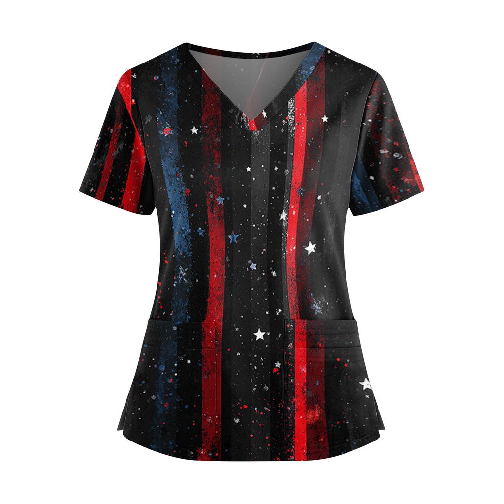 Women's Independence Day Print V-Neck Double Pocket Short Sleeve Uniform with Slit Hem - Caregiver Top