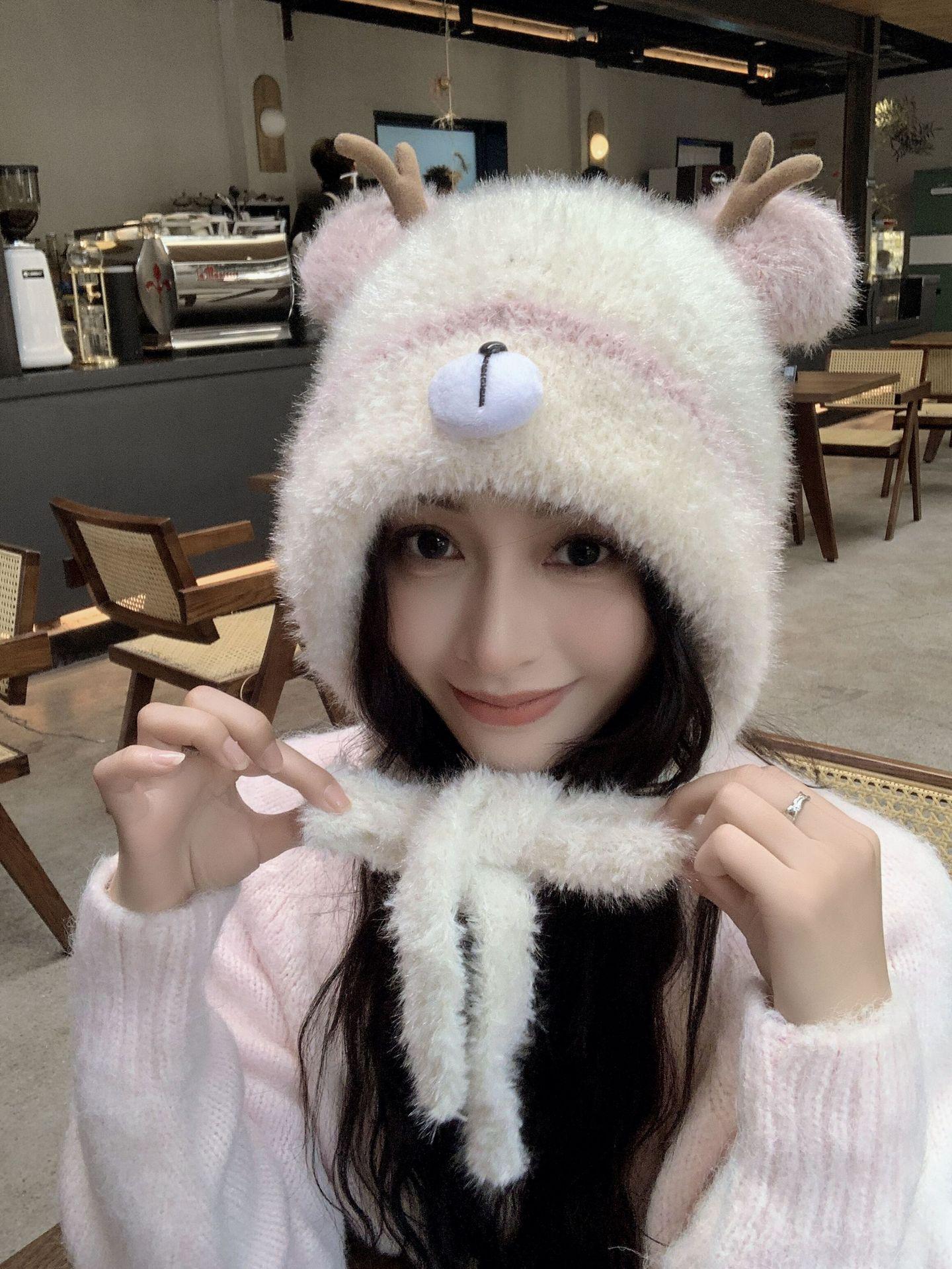 

Корейская мультяшная шерстяная шапка с флисовой подкладкой для женщин - Теплая зимняя вязаная шапка-пуловер для улицы L (58-60 cm) белый