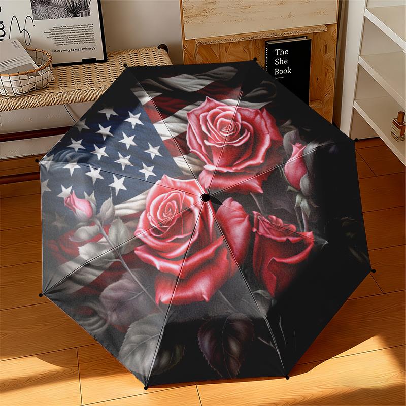 1 Stück Künstlerischer Amerikanischer Flaggen-Regenschirm Tragbarer Faltregenschirm Eisenrahmen Lochknochenstruktur Outdoor Heim-Regenschirm