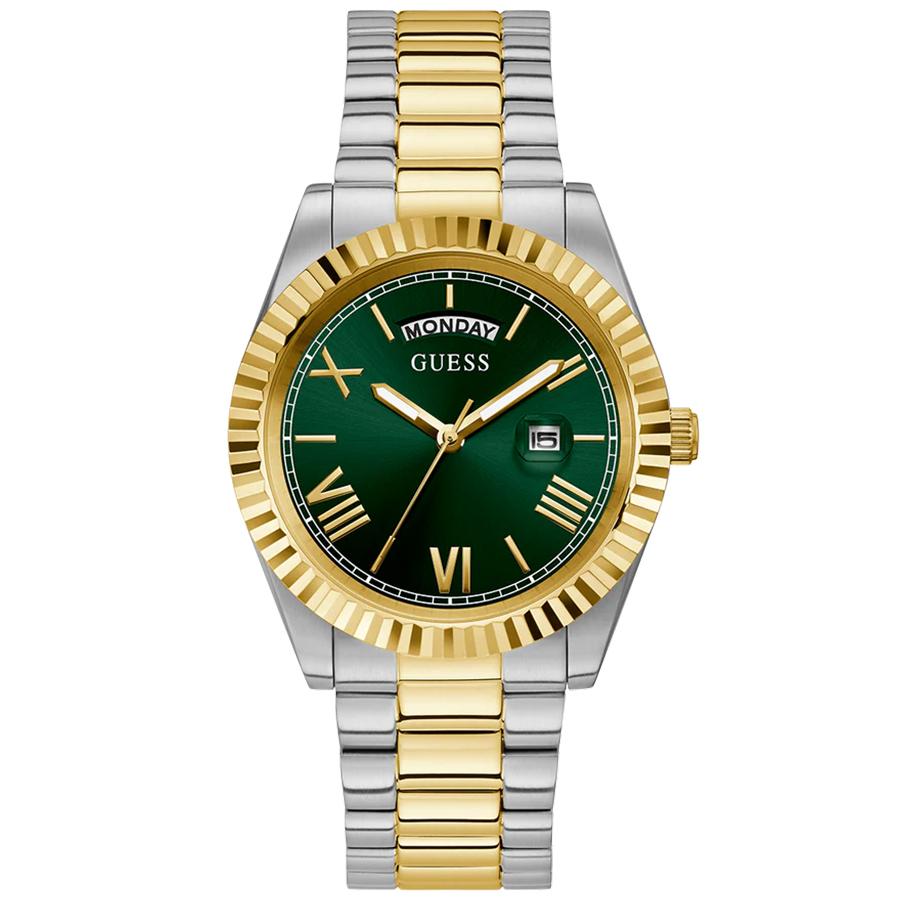 

Men s dual-color watch, green dial, stainless steel material, displays date, water-resistant, casual and business style. Model: GW0265G8