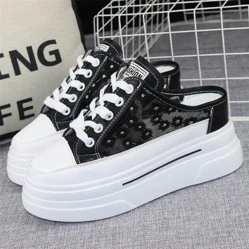 Fashion Baotou Semi-slippers Women's Summer New Outer Wear Embroidery Mesh Breathable Slip-on  Increase 8cm Sandals Sneakers