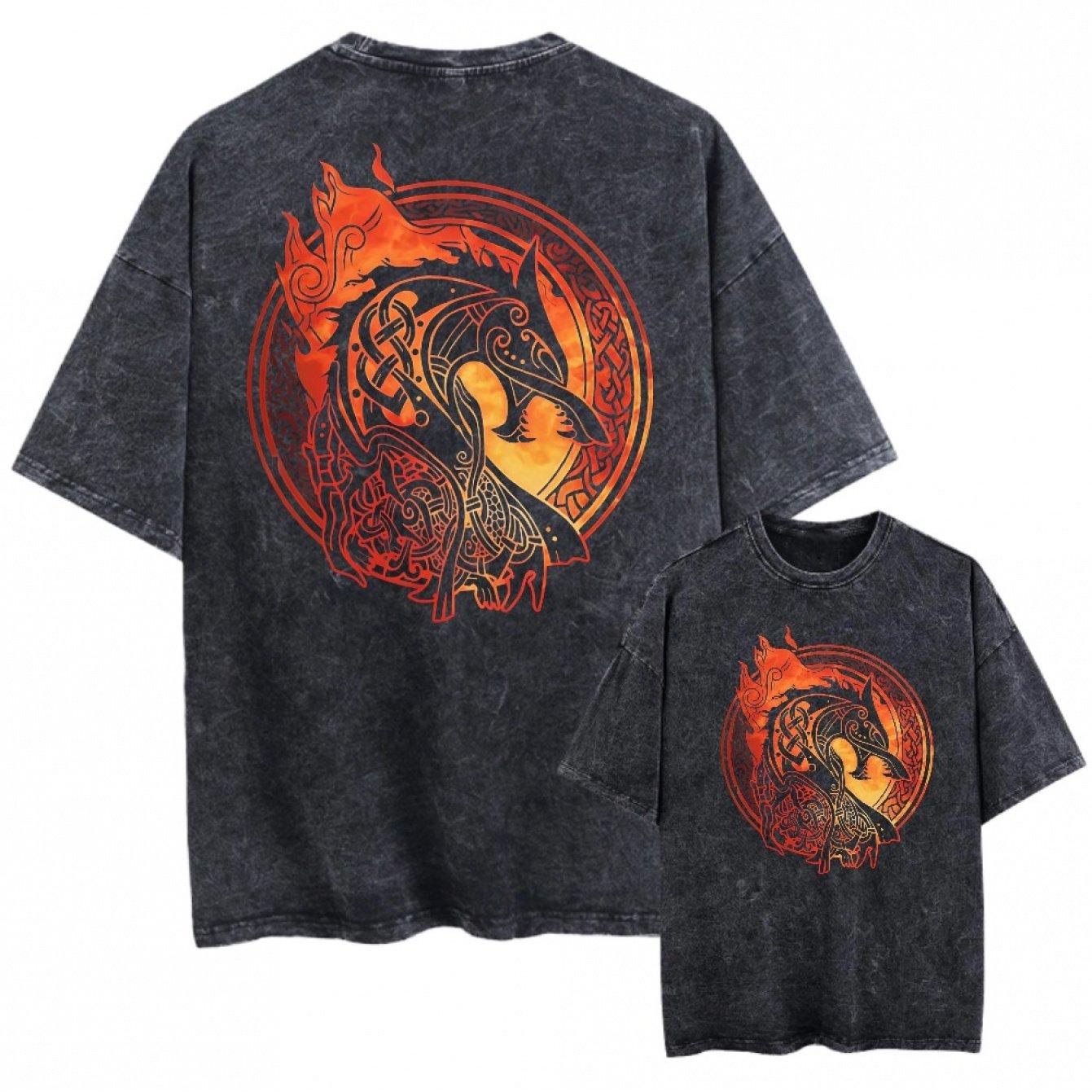 

Retro Washed Loose Black Tshirt with Dragon Flame Celtic Pattern Printed Top for Unisex and Women Loose Fit Unisexs Casual Tshirt M