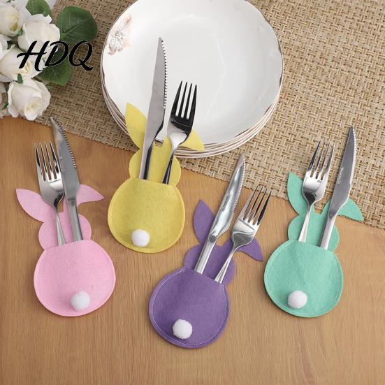 Spring Party Dining Accessory 4 Pcs Easter Bunny Cutlery Holders Felt Tableware Pouch Bags Cute Rabbit Utensil Table Ritual Decor Sleeve Fork Spoon