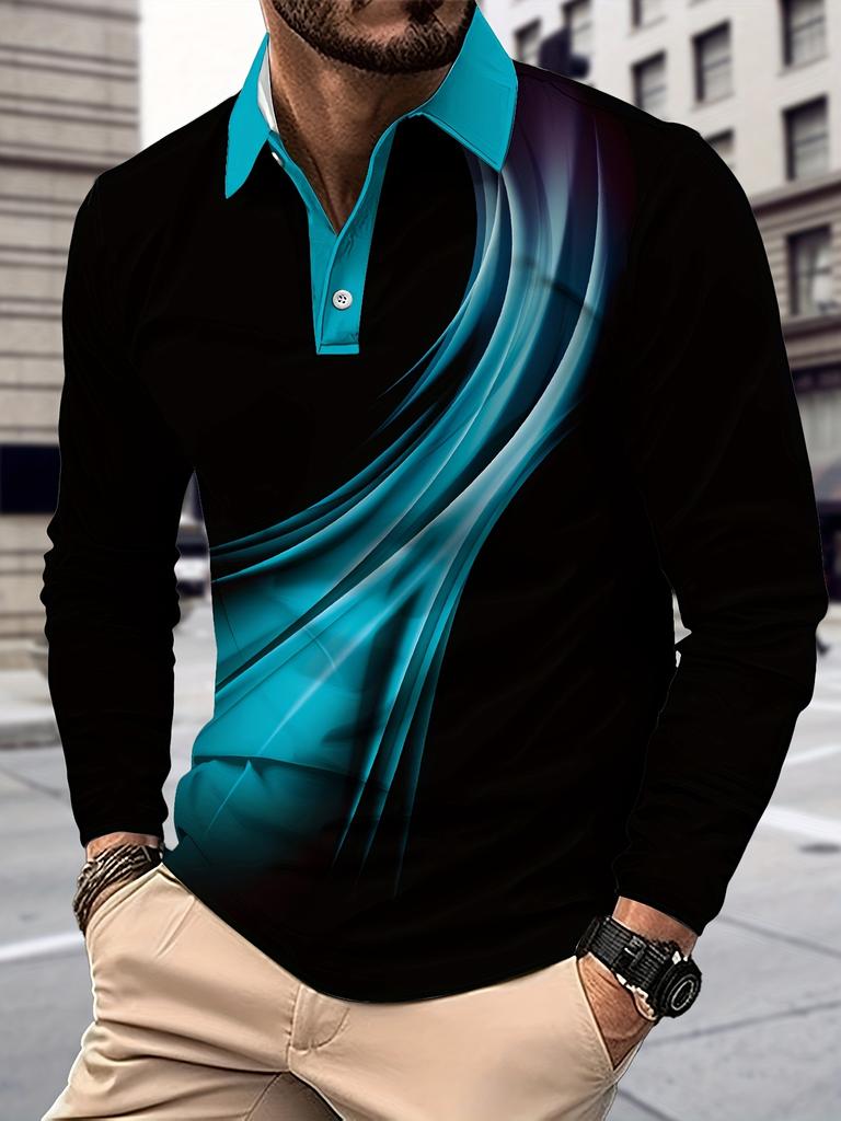 Essential long-sleeve polo shirt, abstract design, casual men's fashion.
