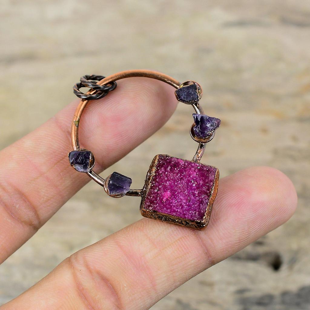 Pink Druzy Pendant Electroformed Copper Pendant African Amethyst Rough Pendant Electroformed Jewelry Handmade Gemstone Pendant Gift For Him