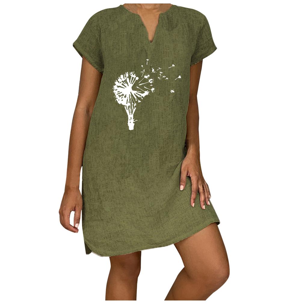 Women's Summer Casual Fashion Print Short-sleeve V-neck Loose Cotton Linen Dress