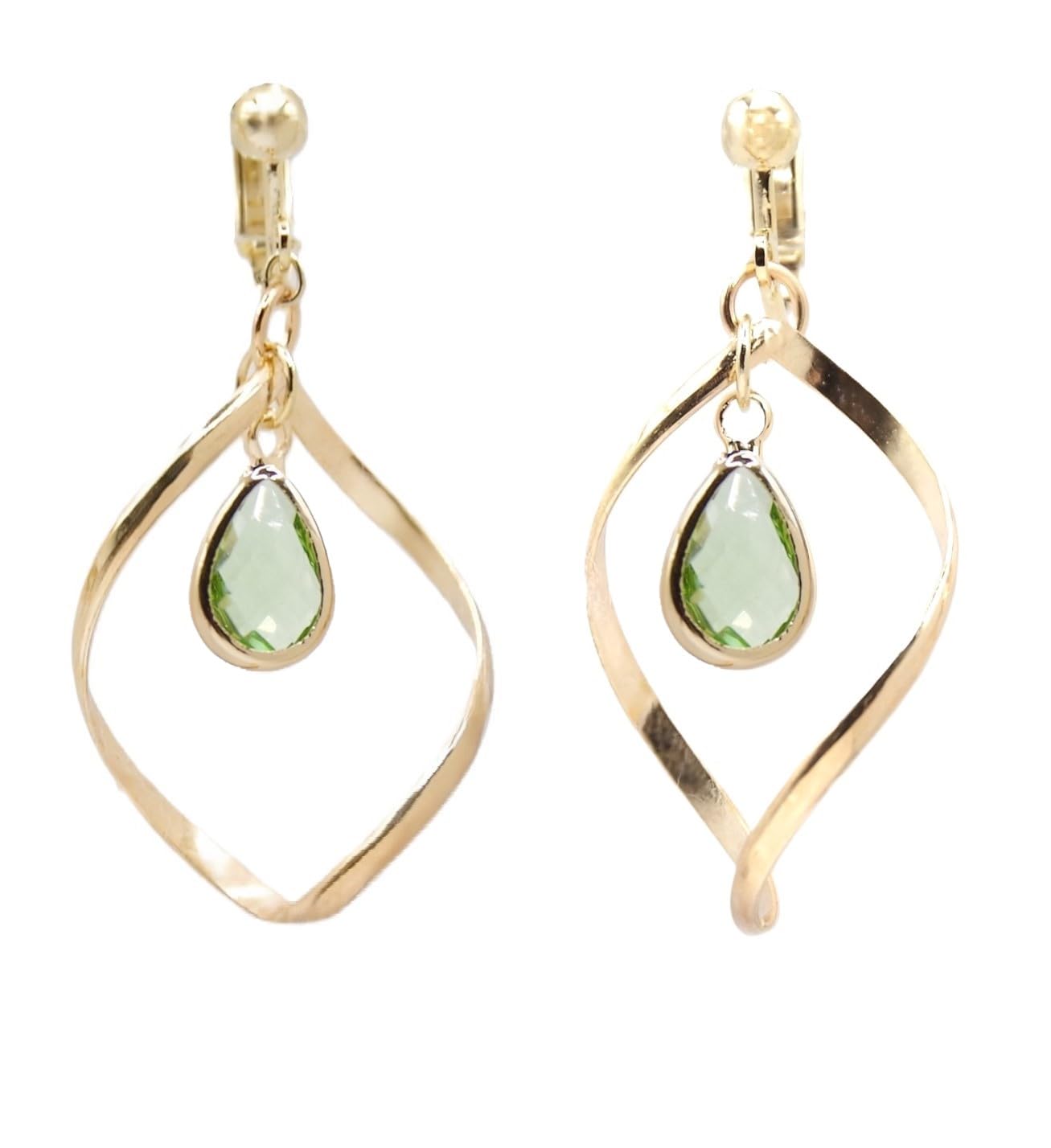 

Country Earrings Hoop Green Glass Dangling Fake Earrings Earrings Screw Spring Earrings Spring [Sparrow Jewelry] Non-Pierced (Screw Earrings)