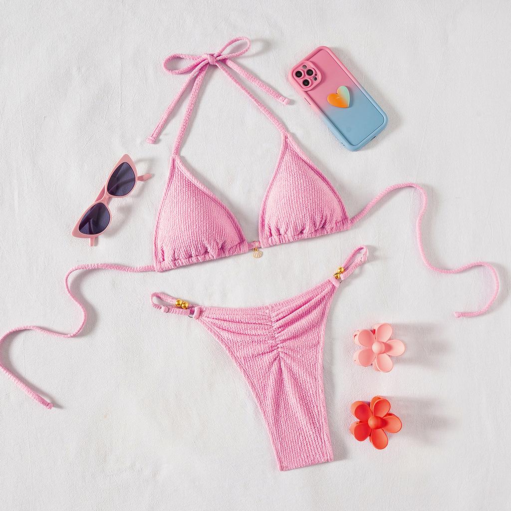 Solid Ruched Tie Sexy Two Piece Bikini Elegant Comfortable For Beach Vacation