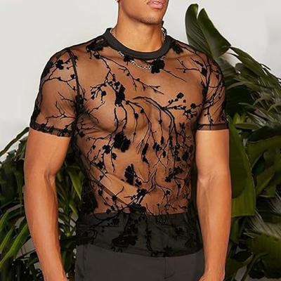 Men Club Top See-through Mesh Flower Round Neck Sleeves Ultra-thin Short Embroidery Slim Fit Party Performance Bartender Slutty T-shirt