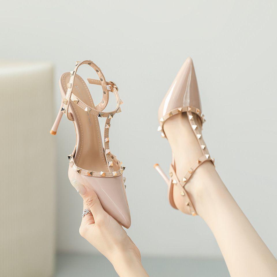 French Nude Pointed Rivets High Heels Women's 2025 New Beautiful Sexy Willow Single Shoes with Sandals