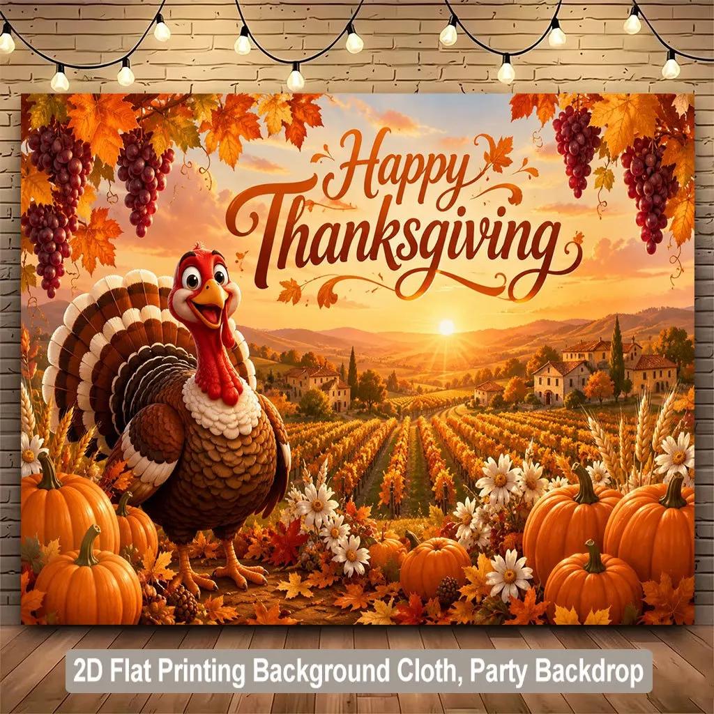 piece of 2D flat background fabric Thanksgiving pumpkin turkey beautiful manor scenery background bannerPMJ