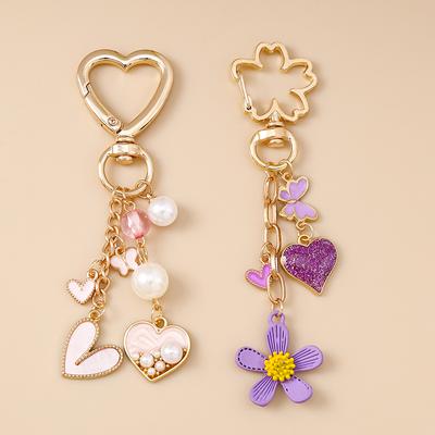 New  Enamel Love Heart Keychain Flower Key Ring Pendants for Women Girls Handbag Decor DIY Handmade Key Chain Gifts