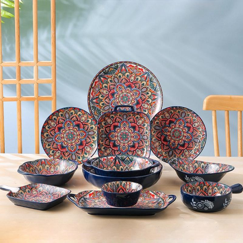 Nuovo Stile Boemo Ceramica Piatti per la Casa con Manici Ciotole Piatti e Set di Piatti per la Casa