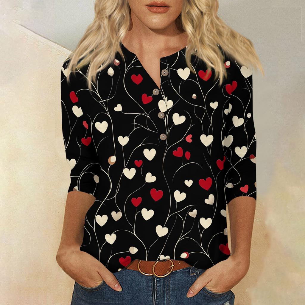 Damenmode Lässig Knopf 3/4 Ärmel Valentinstag Bedruckt Hals Oberteil