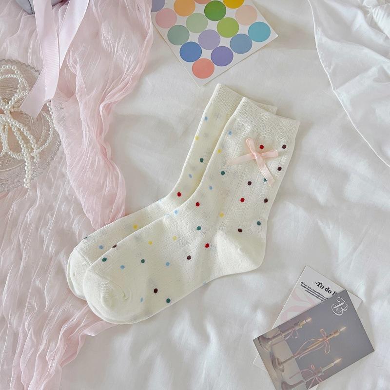 

Women s Spring and Summer Thin Matching Color Polka Dot Bow College Wind Tube Pile Socks 1 pair