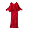 Fashion Style Fancy Loose Temperament Batwing Sleeve V Neck Dress Women's Waist-Tight Slim Looking Ruched Tassel Long Skirt