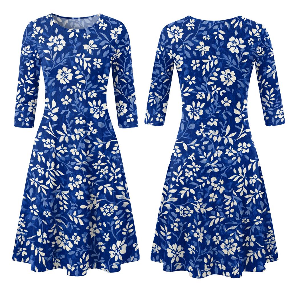 Women's Casual Fashion Round Neck Three Quarter Sleeve Printed Midi Dress