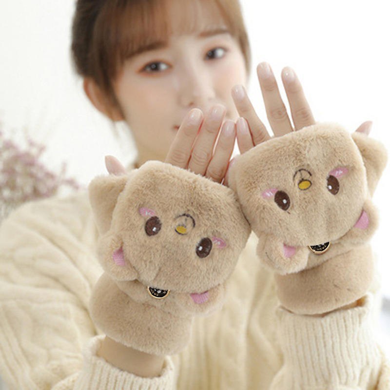 Women Plush Warm Glove Fur Lovely Rabbit Cat Mittens Flip Fingerless Gloves Soft Girls Thick Gloves Flexible Half Finger Winter