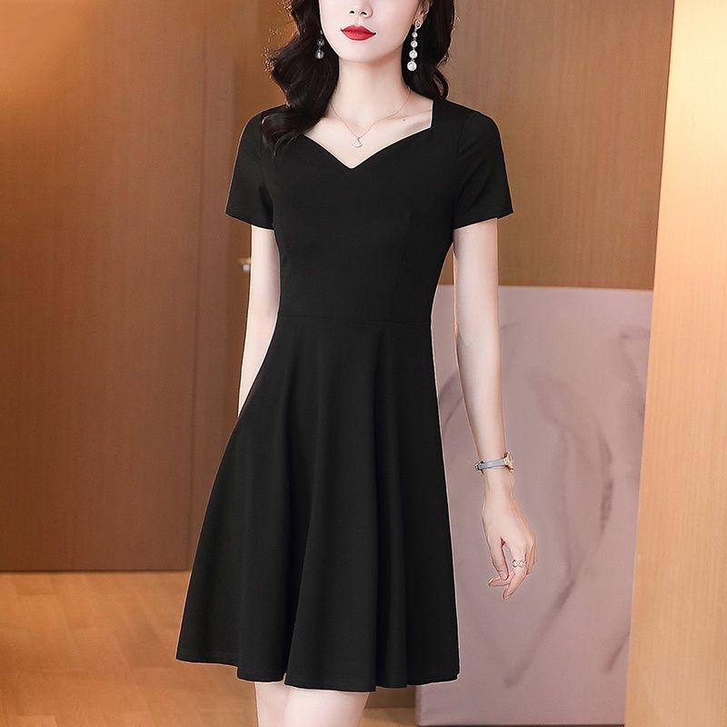 Koreanische Mode Damen Mode Elegantes Kleid Sommer Neu Kurzarm V-Ausschnitt Büro Dame All-Match Pullover Lässig Mini Tuniken Robe