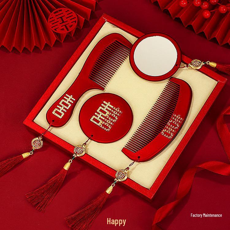 Double Happiness Red Wood Bride Gift Set: Mirror & Comb Collection