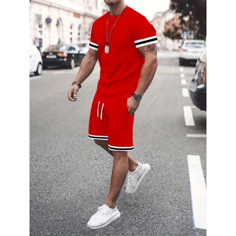 Men's Fashion Solid Color Casual Two-piece Set, Including Round Neck Short Sleeved T-shirt and Drawstring Shorts